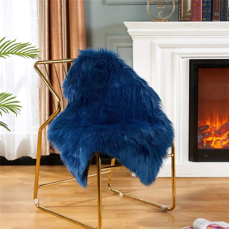 Easy Joy EasyJoy Ultra Soft Fluffy Shaggy Area Rug Faux Fur Rug Chair Cover Seat Pad Fuzzy Area Rug for Bedroom Floor Sofa Living Room (2 x 3 ft Sheepskin, Dark Blue) - Image 2